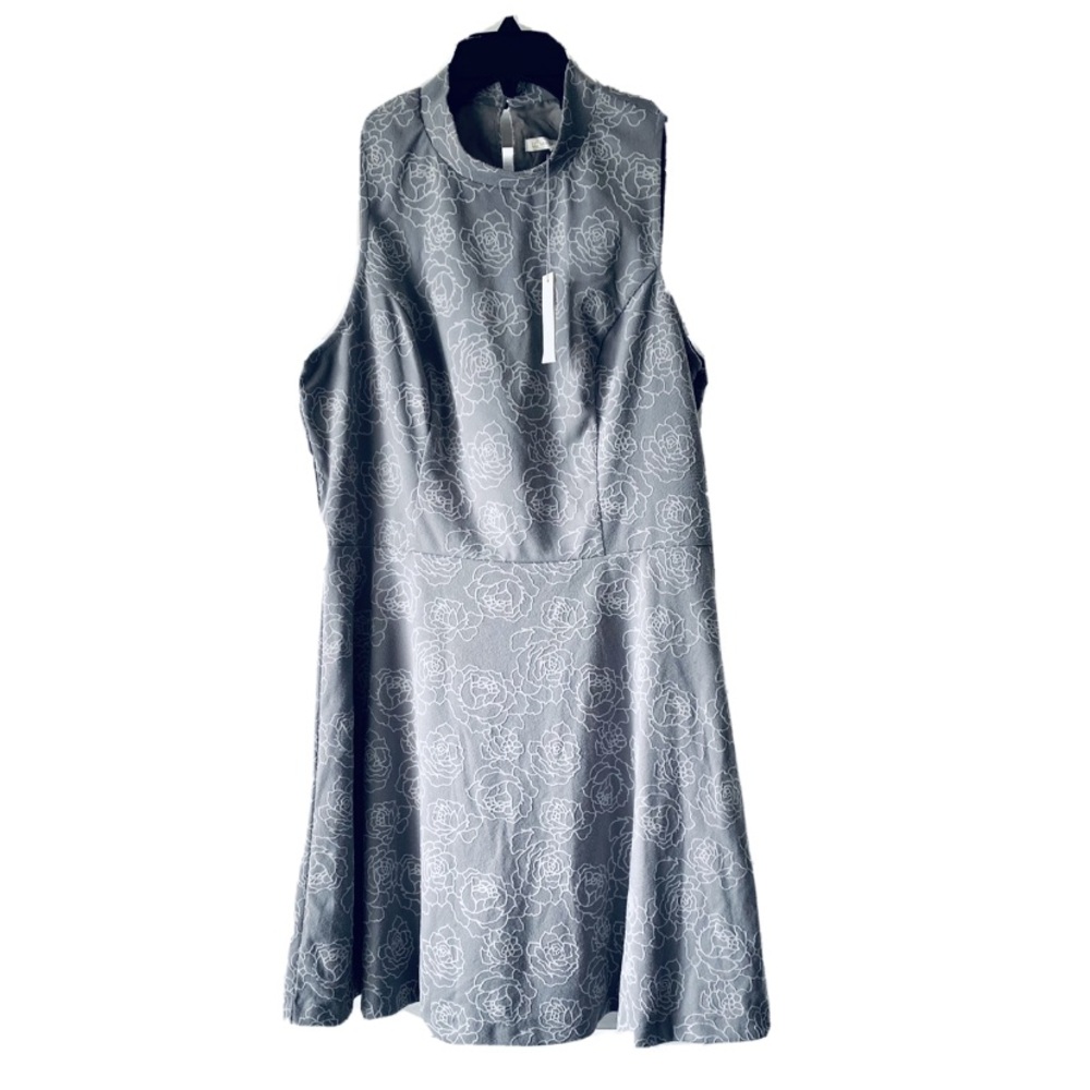 LC Lauren Conrad Gray Fleece A Line High Neck Floral Embroidered Dress